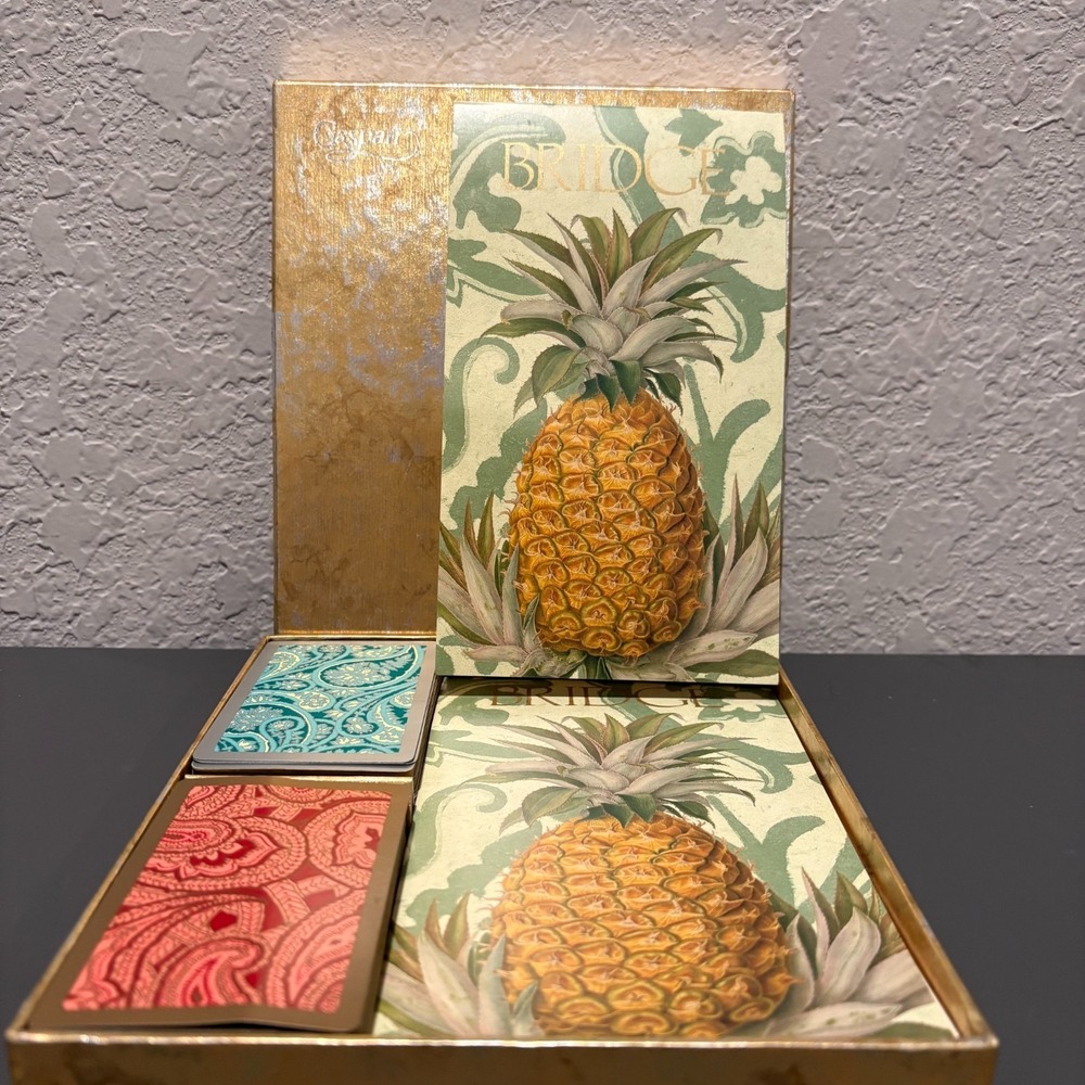 Used Caspari Royal Pineapple Bridge Gift Set - 2 Decks Playing Cards & Score Pad